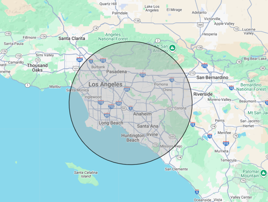 SoCal TeleVet service area map covering Orange County and Los Angeles County