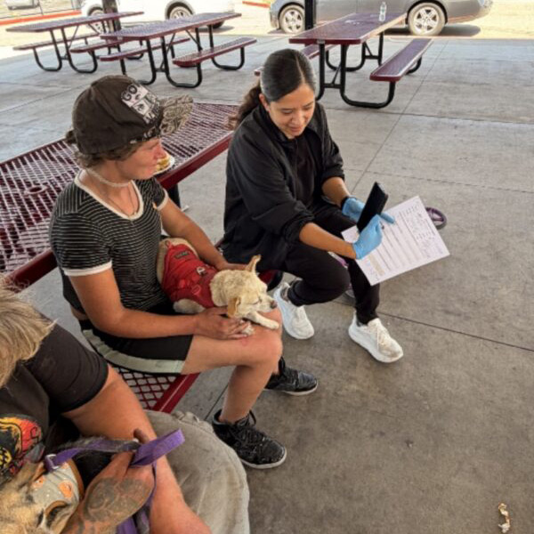 Veterinary professional discussing a pet's care with a pet owner during a community veterinary outreach event.